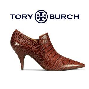 TORY BURCH Georgina BOOTIE Brown Crocodile Effect POINTY HEEL Size 9.5M